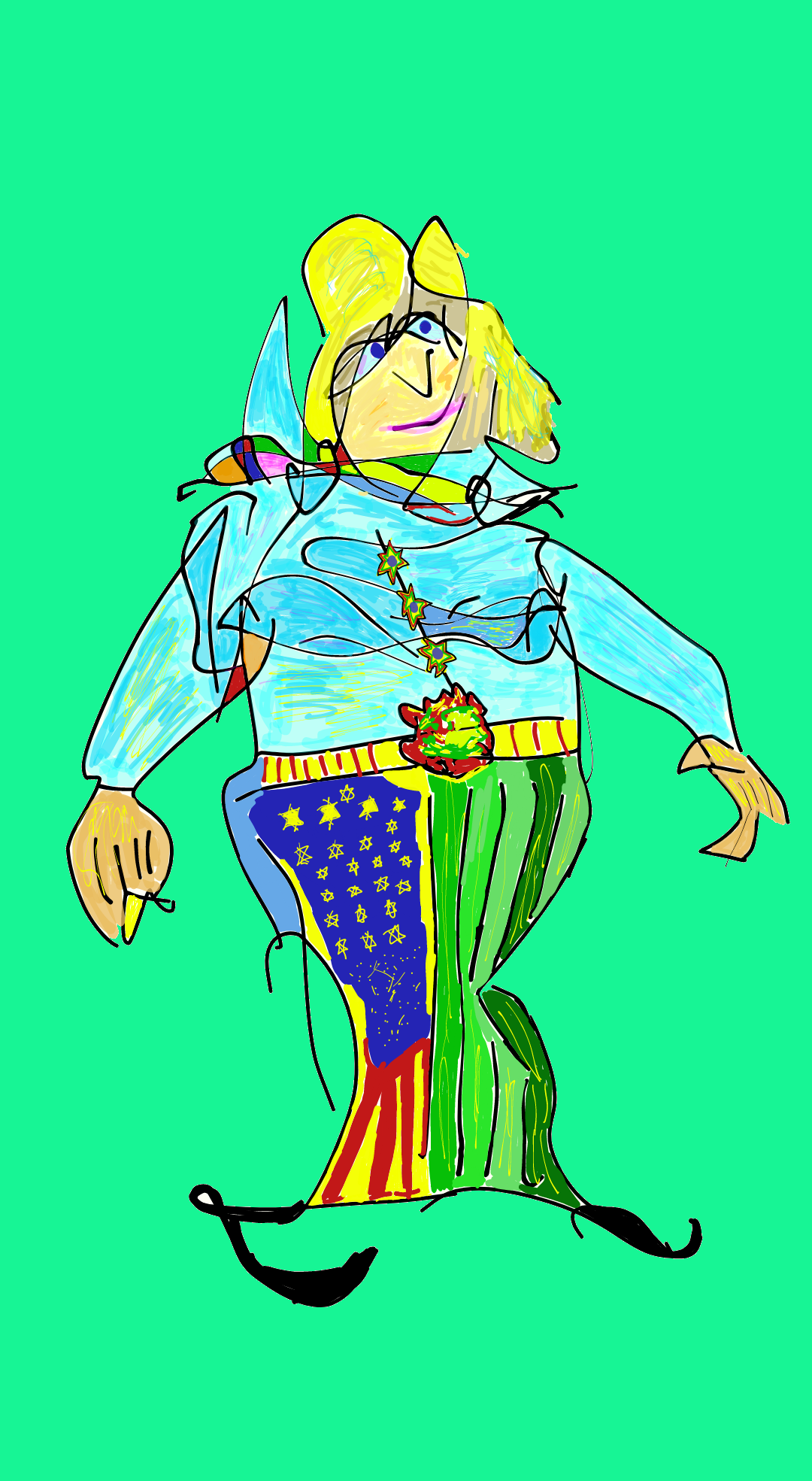En farverig, abstrakt tegning af en person i tøj dekoreret med stjerner, striber og symboler – en humoristisk og legesyg figur i stærke farver.