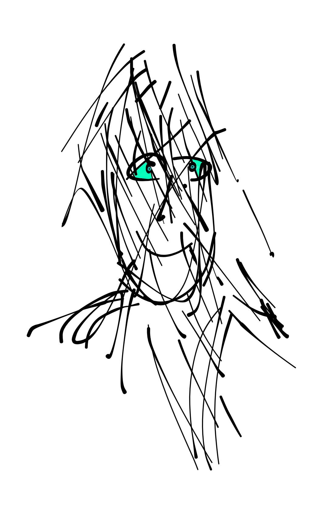 Abstrakt tegning af et ansigt med turkise øjne, udført i sorte streger med et levende og spontant udtryk.