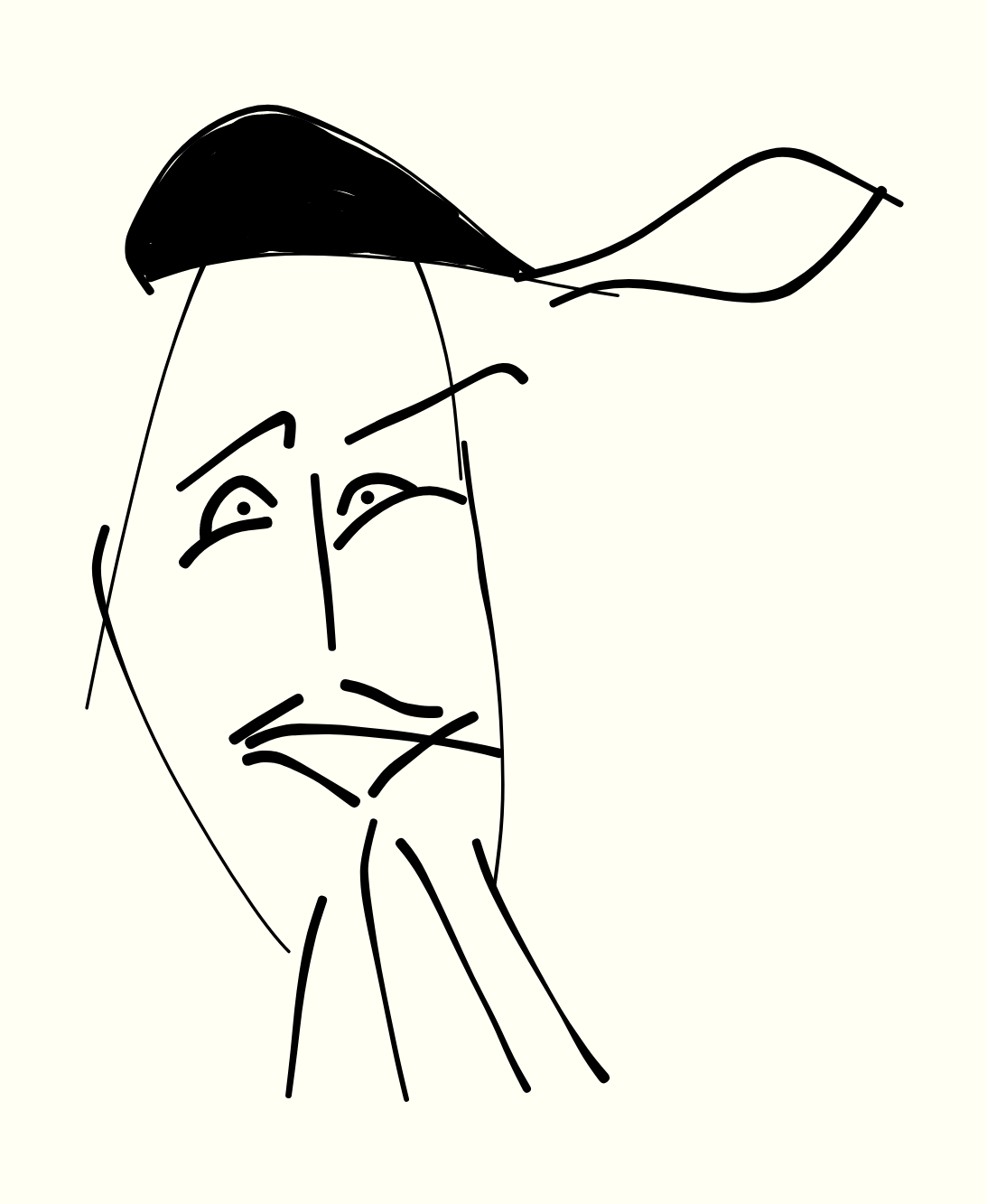 En minimalistisk stregtegning af et ansigt med en sort hat og en flagrende hale, udført med humor og enkelhed.