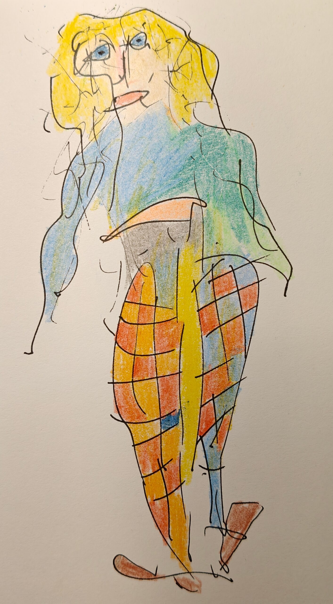 Farverig tegning af en kvinde med gult hår, blå øjne og ben i orange-blå ternet mønster, udført i fri, ekspressiv stil.
