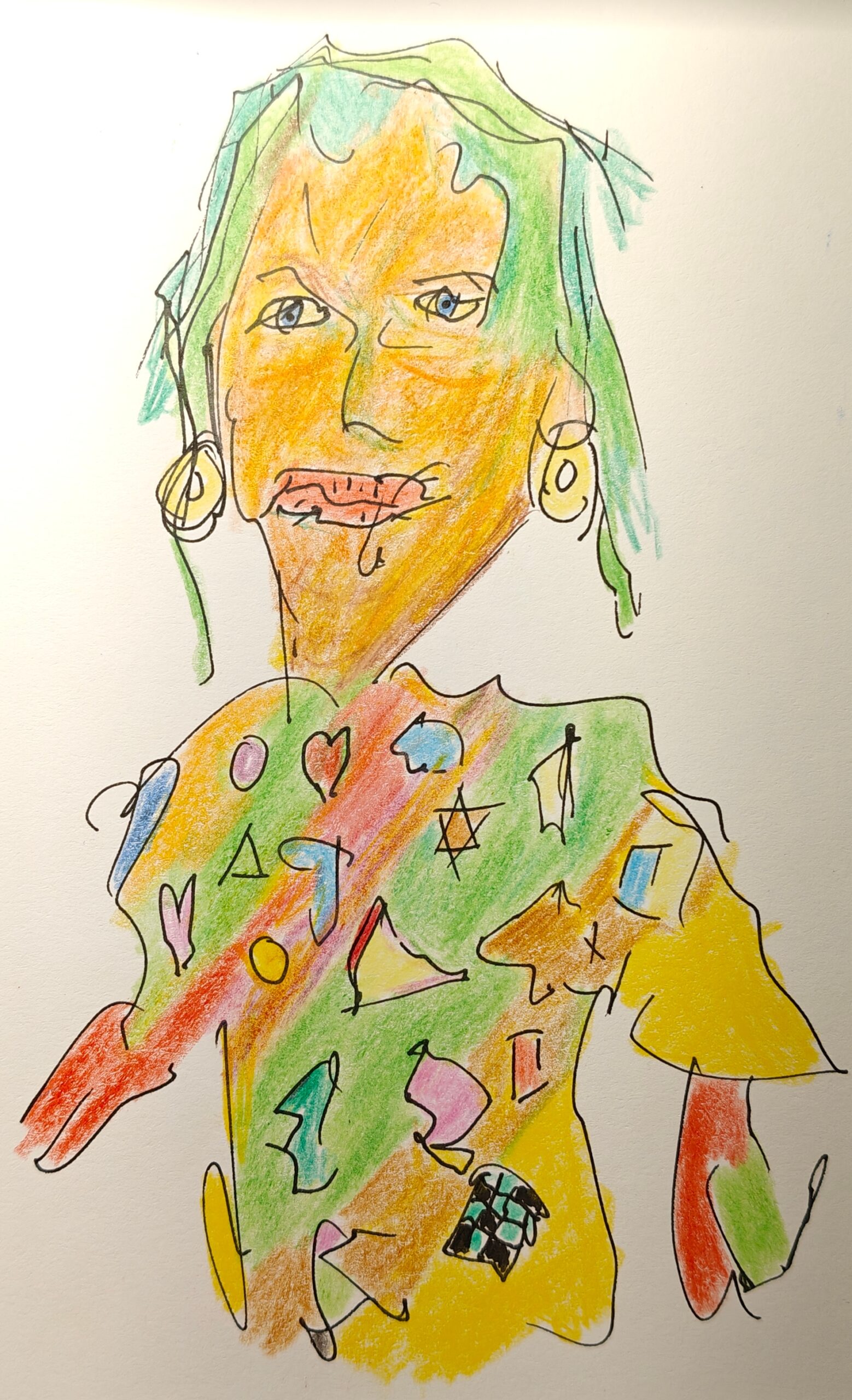 Ekspressiv tegning af en person med grønligt hår, orange hud og tøj dækket af symboler, former og farver i et legende kaos.
