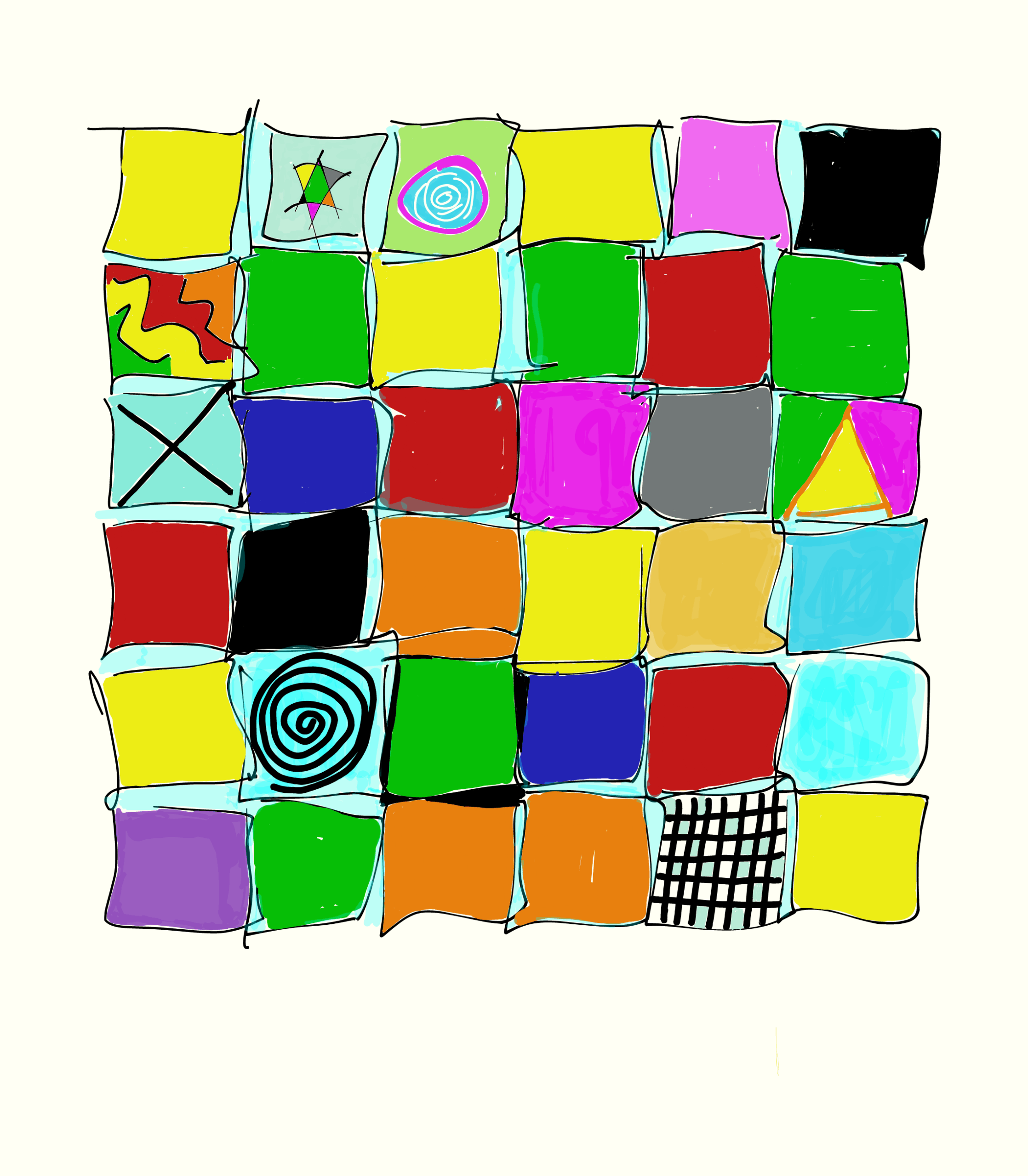 Farverig tegning bestående af uens firkanter i mange farver og mønstre – spiraler, stjerner, tern og bølger – som tilsammen danner et legende og livligt mønster.