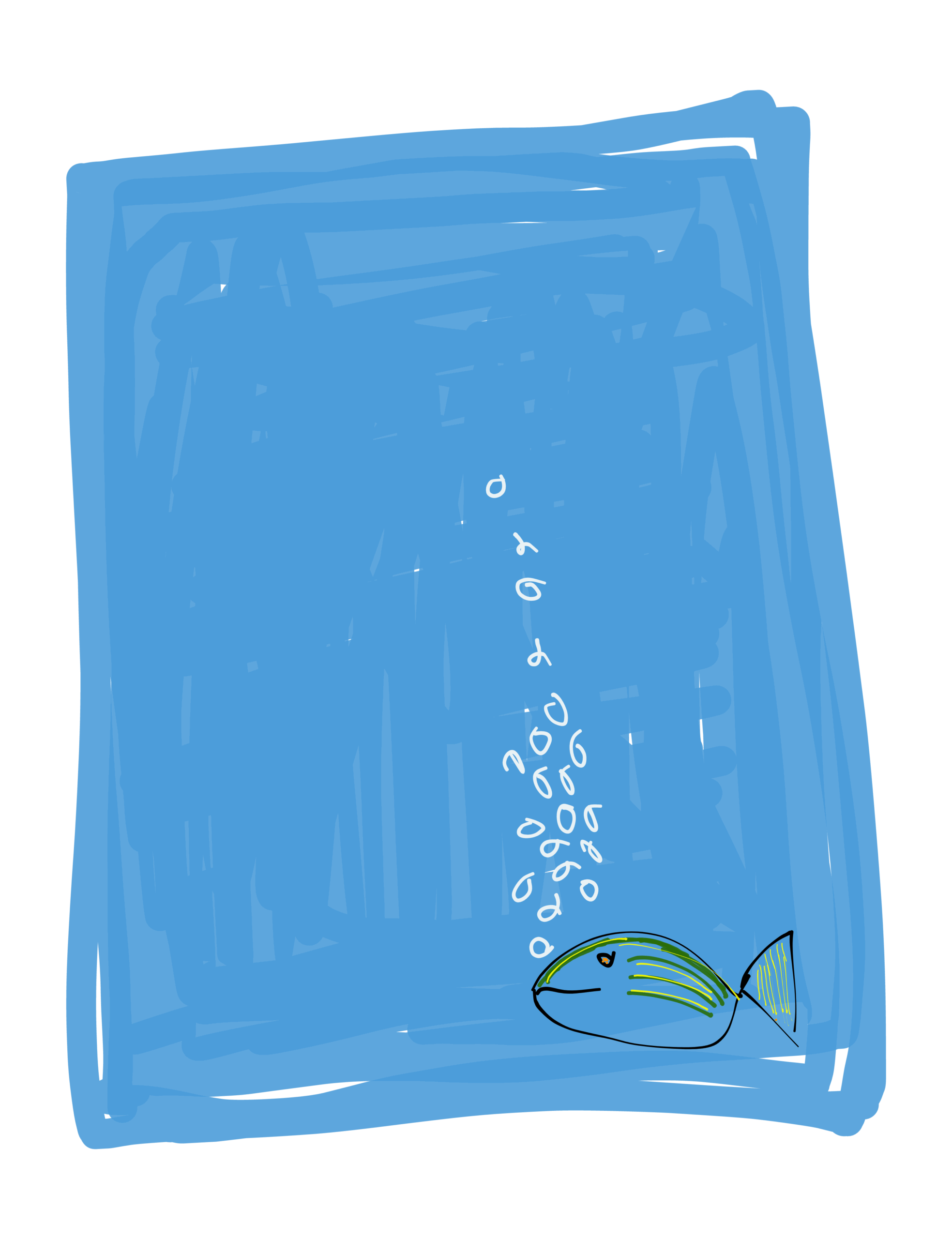 En enkel og humoristisk tegning af en fisk i et blåt felt, der puster luftbobler op mod overfladen.