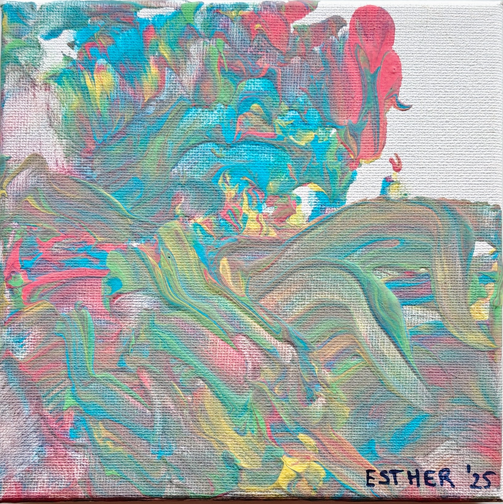 Abstrakt maleri på lærred med flydende lag af turkis, pink, gul og grøn maling i bløde bevægelser.