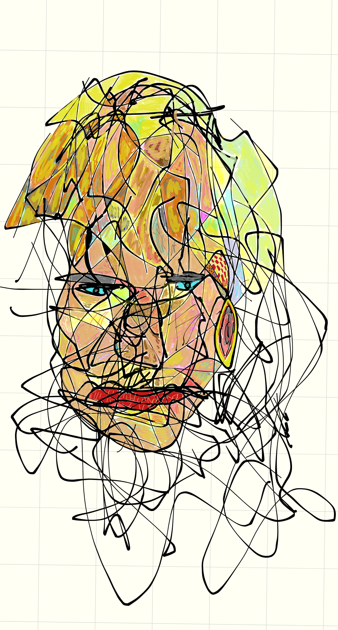 Ekspressivt, farverigt portræt af kvinde med blå øjne, røde læber og sorte, kaotiske streger over ansigtet.