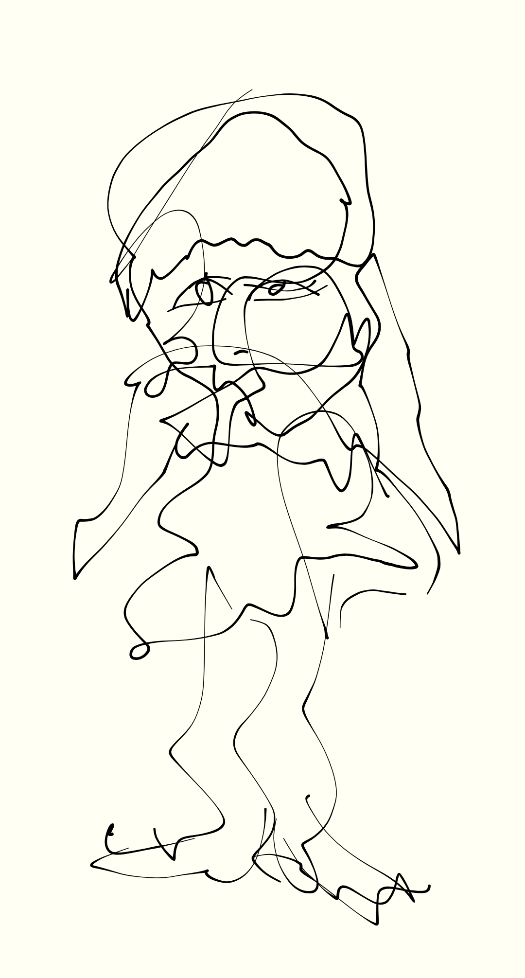 Minimalistisk sort stregtegning af kvindeligt ansigt og figur i én ubrudt, kaotisk linje.