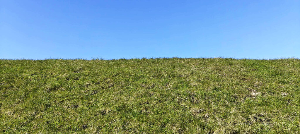 Grønt dige under klar blå himmel i et enkelt, minimalistisk landskab uden mennesker.