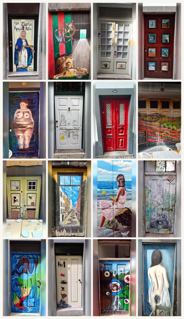 Plakat med mange fotografier af malede døre fra Funchal på Madeira. Dørene er dekoreret med kunstværker i mange stilarter, blandt andet mennesker, dyr, landskaber, religiøse motiver og abstrakte figurer.